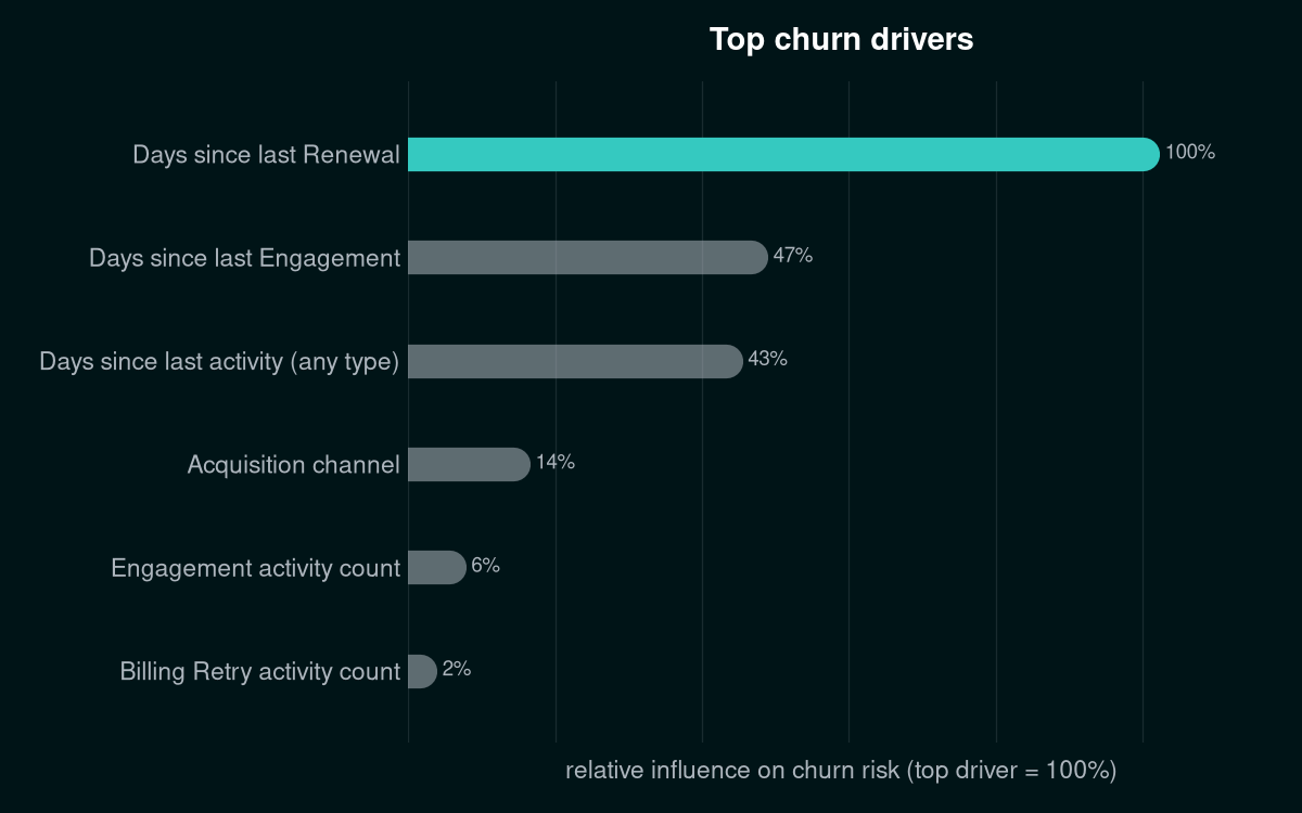 Sample chart ranking the top churn drivers by relative influence on churn risk